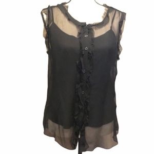 DKNY BLACK SILK BUTTON DOWN SLEEVELESS SHEER SHIRT WITH BLACK TANK - NWOT
